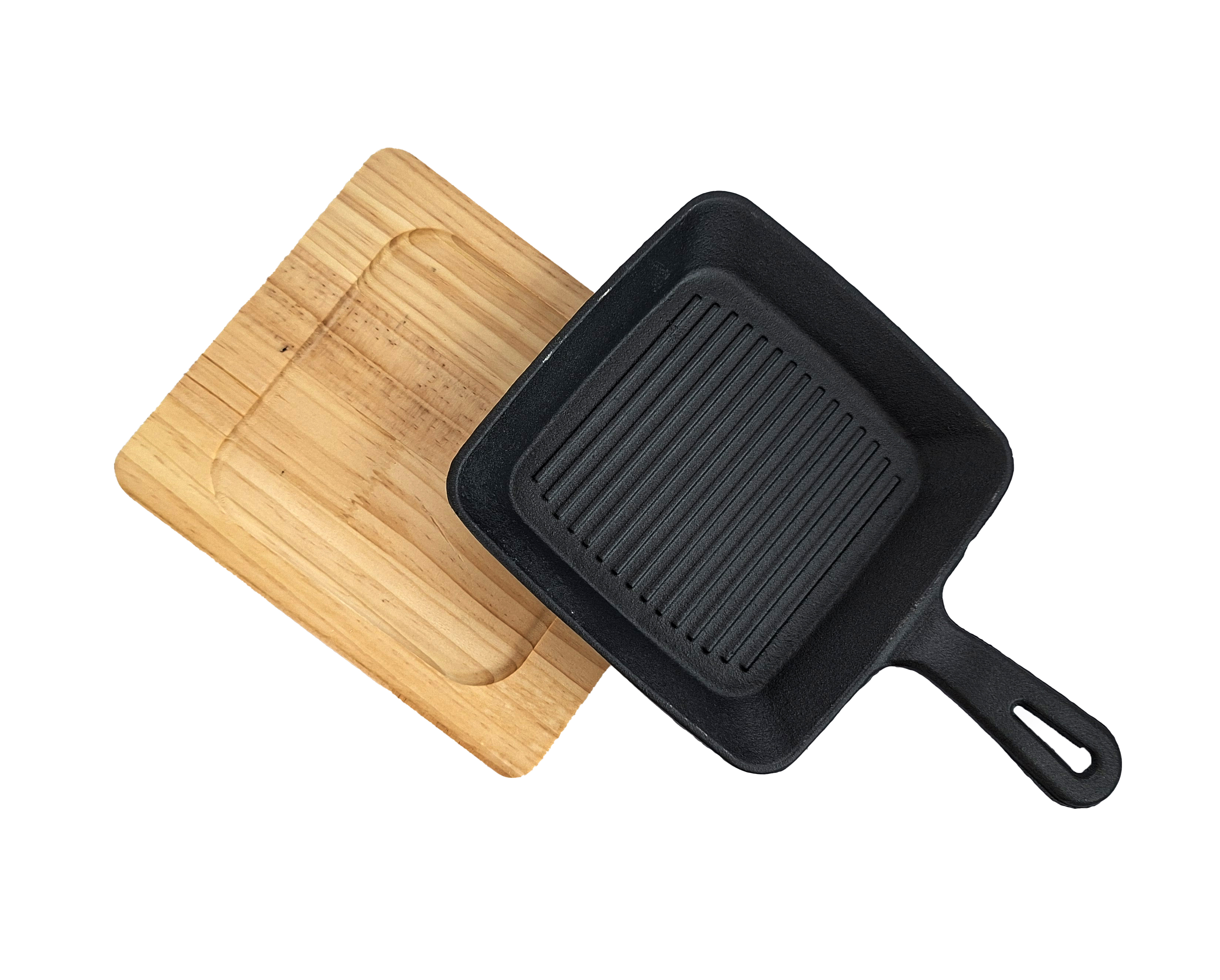 מחבת BBQ מרובעת + מגש עץ | 19/19/3 ס"מ
