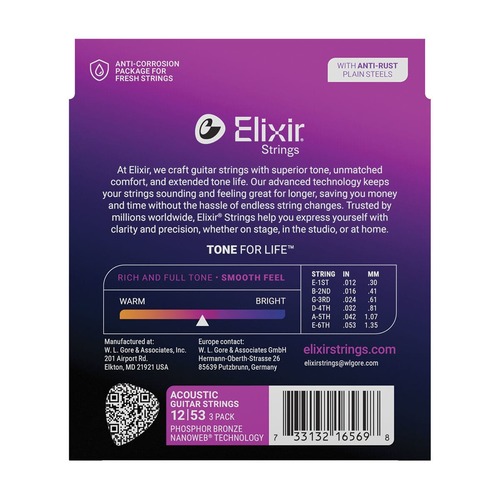 מארז 3 סטים 16052 לאקוסטית ELIXIR NANO PHOS BRONZ 16569 12-53