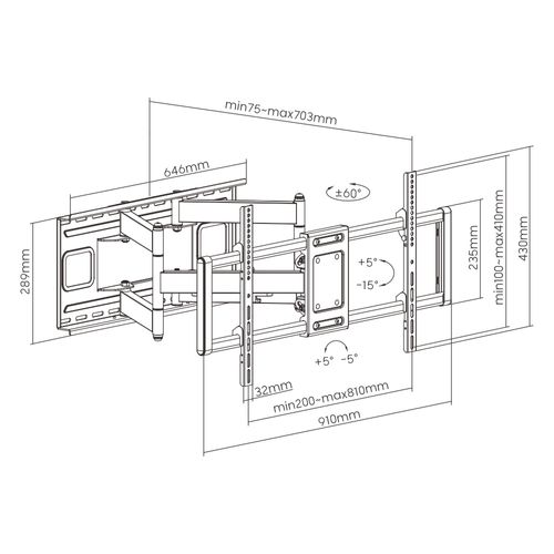 מתקן תלייה לטלוויזיה 43-100 אינץ' תושבת קיר למסכים כבדים  דגם LPA77-486  עד Lumi Brateck 43