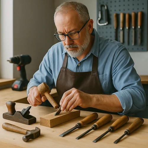 נגר מבוגר עם זקן אפור עובד בעץ בסדנה מוארת, משתמש במפסלת ופטיש ידני על שולחן עבודה מוקף בכלים מסורתיים