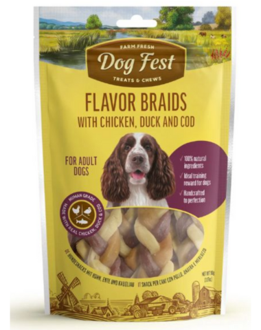 חטיף לכלב דוג פסט צמות עוף, ברווז ודג 90 גרם Dog F