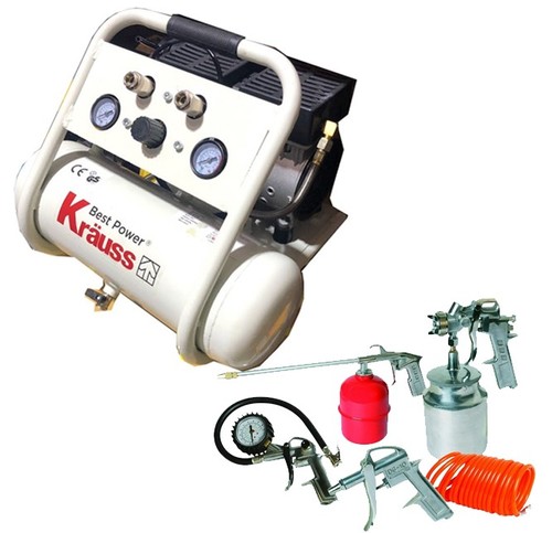 מדחס / קומפרסור שקט ללא שמן 6 ליטר + אביזרים KRAUSS