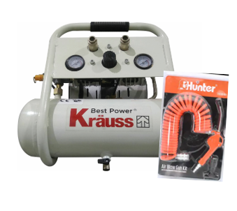 KR-1000S מדחס שקט ללא שמן 750W + סט אקדח אוויר וצינור שרשורי עם חיבורים מהירים 5 מטר