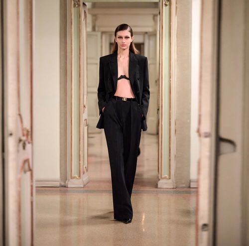 Trousers in lightweight crêpe fabric with tuxedo details