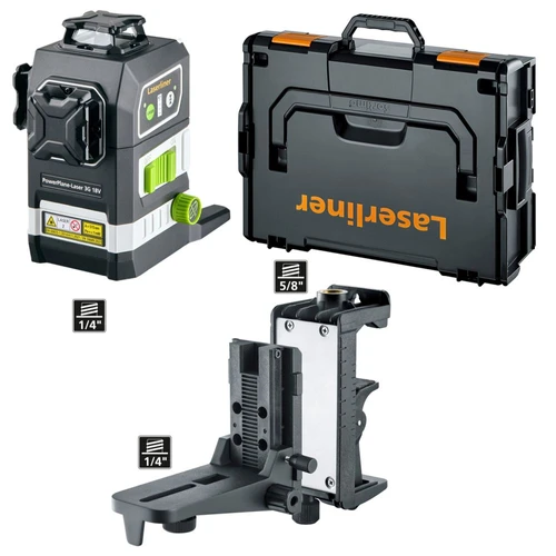 Laserliner PowerPlane Laser 3G Multi-18V - לייזר תלת-ממדי ירוק 360° / 3D מקצועי (כולל בסיס L-BOXX) + חצובה + מתאם לסוללה 18V של כל היצרנים 036.380L