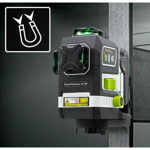 Laserliner PowerPlane Laser 3G Multi-18V - לייזר תלת-ממדי ירוק 360° / 3D מקצועי (כולל בסיס L-BOXX) + חצובה + מתאם לסוללה 18V של כל היצרנים 036.380L
