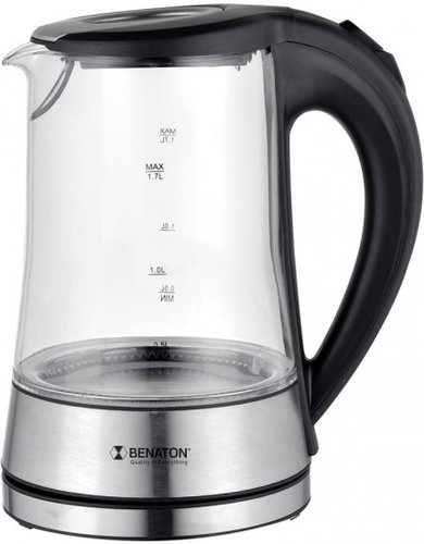 קומקום זכוכית חשמלי בריאותי לחימום מהיר 1.7 ליטר Benaton BT-8024 2200W - צבע שחור/כסוף