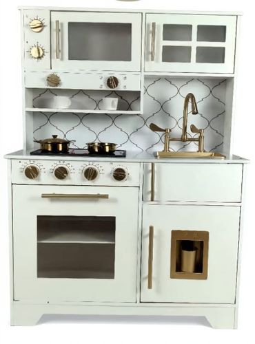 מטבח משחק יוקרתי לילדים עם כיריים אורות וצלילים - ירושלים לבן וזהב