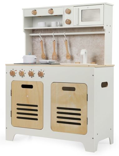 מטבח משחק מעוצב לילדים עם כיריים אורות וצלילים - מילאנו לבן/עץ טבעי