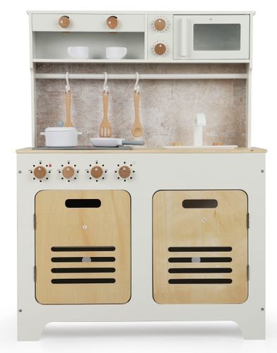 מטבח משחק מעוצב לילדים עם כיריים אורות וצלילים - מילאנו לבן/עץ טבעי