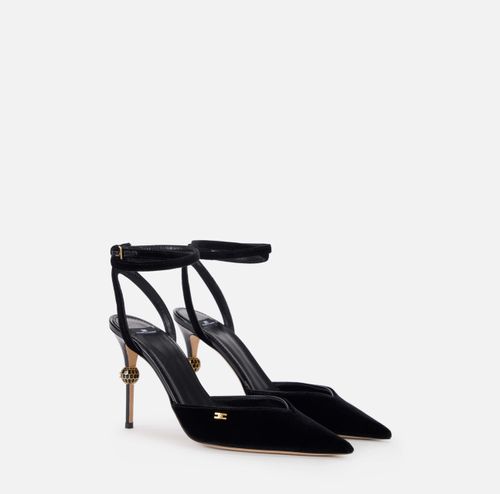 Velvet slingback with jeweled heel - BLACK