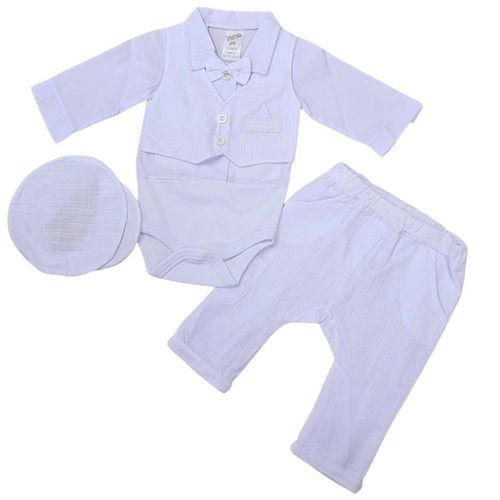 סט 5 חלקים לברית מילה: בגד גוף, מכנס, ווסט, פפיון וכובע - לבן