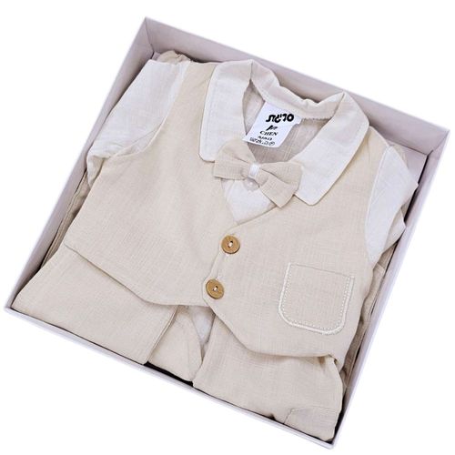 סט 5 חלקים לברית מילה: בגד גוף, מכנס, ווסט, פפיון וכובע - בז'