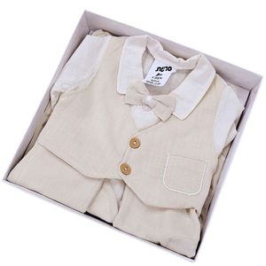 סט 5 חלקים לברית מילה: בגד גוף, מכנס, ווסט, פפיון וכובע - בז