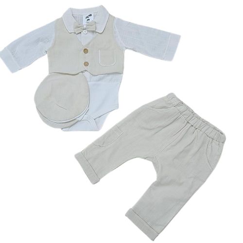 סט 5 חלקים לברית מילה: בגד גוף, מכנס, ווסט, פפיון וכובע - בז'