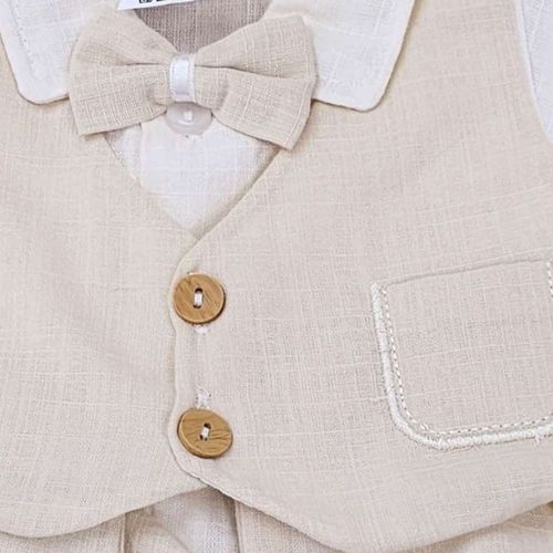 סט 5 חלקים לברית מילה: בגד גוף, מכנס, ווסט, פפיון וכובע - בז'