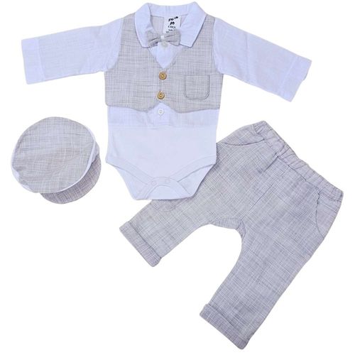 סט 5 חלקים לברית מילה: בגד גוף, מכנס, ווסט, פפיון וכובע - אפור