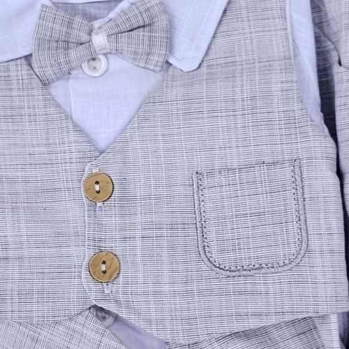 סט 5 חלקים לברית מילה: בגד גוף, מכנס, ווסט, פפיון וכובע - אפור