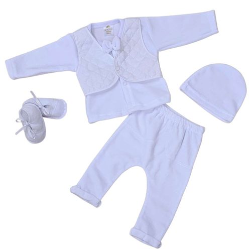 סט מהודר לברית מילה: חולצה, מכנס, ווסט, פפיון, כובע ונעלים - לבן