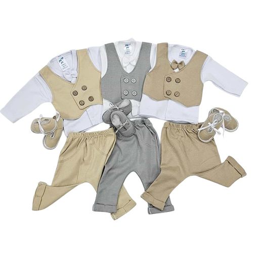 סט מהודר לברית מילה: חולצה, מכנס, ווסט, פפיון, כובע ונעלים - בז'