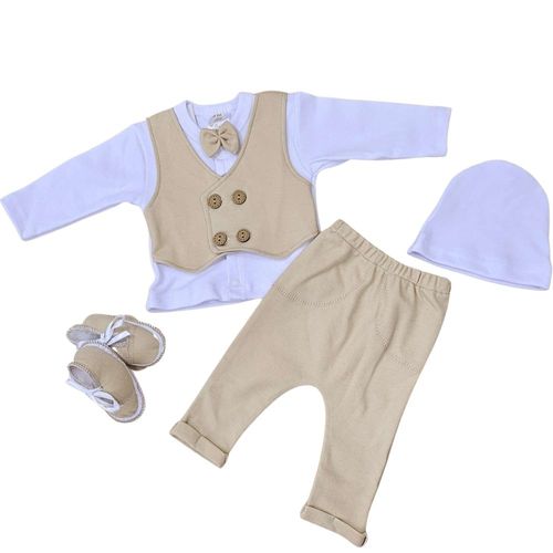 סט מהודר לברית מילה: חולצה, מכנס, ווסט, פפיון, כובע ונעלים - בז'