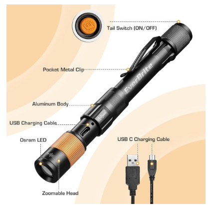 פנס עט נטען מאלומיניום 300 לומן EverBrite E101085