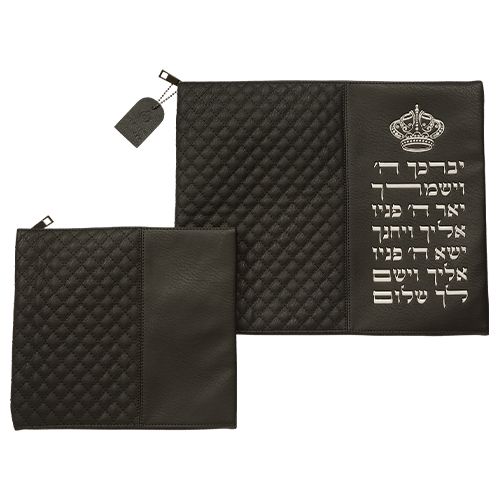 סט טלית תפילין דמוי עור שחור אותיות בולטות 