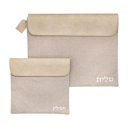 סט טלית ותפילין מבד פשתן טבעי בעיצוב קלאסי ומהודר