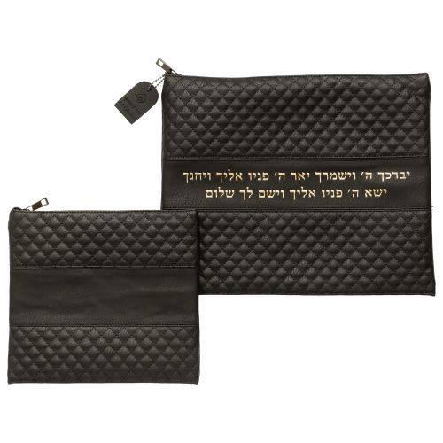 סט טלית תפילין דמוי עור שחור אותיות בולטות ברכת כהנים זהב