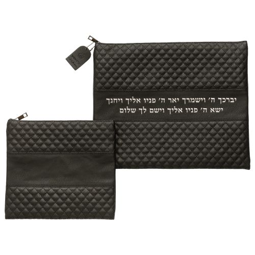 סט טלית תפילין דמוי עור שחור אותיות בולטות ברכת כהנים כסף