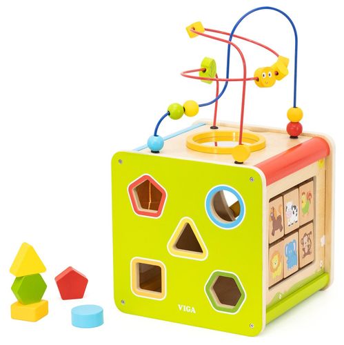 קוביית פעילות מעץ 9 ב 1 עם מבוך חרוזים, התאם צורה וגלגלי שיניים ויגה
