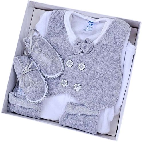 סט מהודר מקטיפה: חולצה, מכנס, ווסט, פפיון, כובע ונעלים - אפור