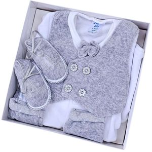 סט מהודר מקטיפה: חולצה, מכנס, ווסט, פפיון, כובע ונעלים - אפור