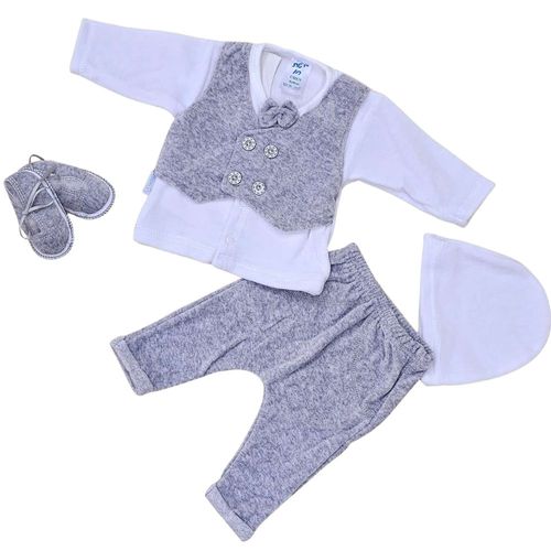 סט מהודר מקטיפה: חולצה, מכנס, ווסט, פפיון, כובע ונעלים - אפור