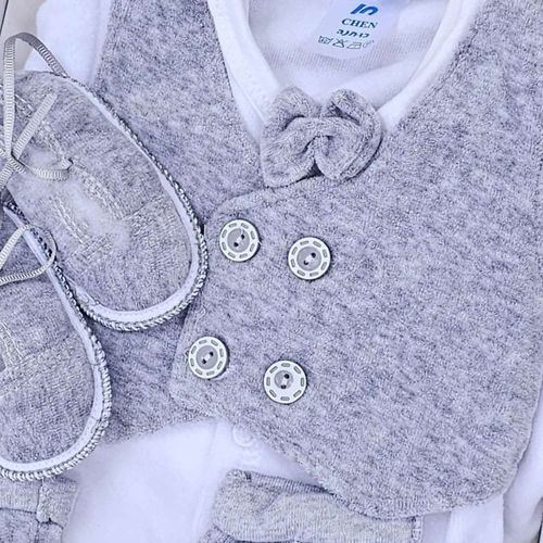 סט מהודר מקטיפה: חולצה, מכנס, ווסט, פפיון, כובע ונעלים - אפור