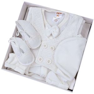 סט מהודר מקטיפה: חולצה, מכנס, ווסט, פפיון, כובע ונעלים - שמנת