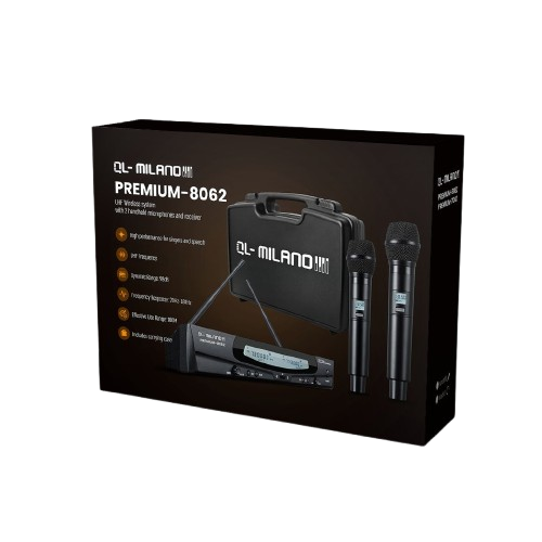 זוג מיקרופונים אלחוטיים מקצועיים QL Milano PREMIUM-8062 עם מזוודת נשיאה