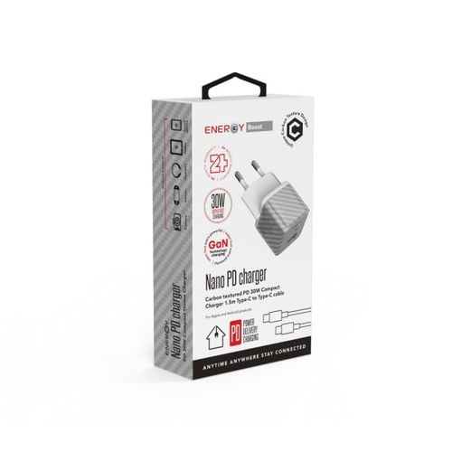 מטען בית ENERGY Carbon GaN Nano PD30W+C to C 1.5M כסף