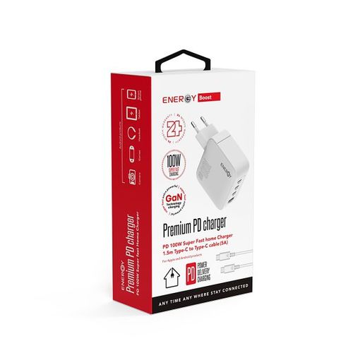 מטען בית ENERGY Premium 3C+1QC PD100W with C to C 1.5M cable לבן