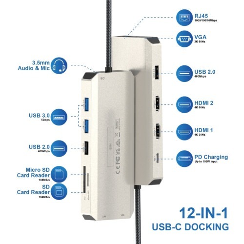 תחנת עגינה Wavlink WL-UMD301 USB-C Triple Display - טעינה 85W PD ורזולוציית 4K