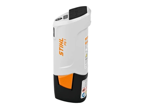 מבט מלא על ספק הכוח הנייד STIHL PS 1 בעיצוב לבן-שחור עם נגיעות כתומות ומבנה קומפקטי