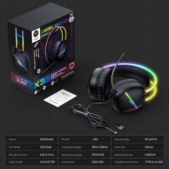 אוזניות גיימינג מקצועיות Onikuma X33 – תאורת RGB | חיבור Type-C עם מתאם USB