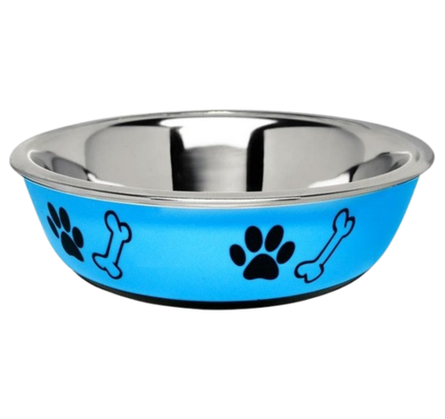 קערת נירוסטה מעוצבת ורוד/תכלת עם תחתית גומי 1.55 ל' לכלבים