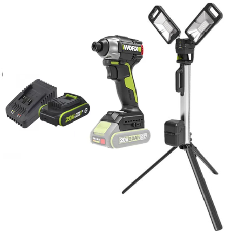 עמוד תאורה 4,500 לומן + מברגת אימפקט נטענים 20V כולל סוללה 2AH דגם WORX WU029.9