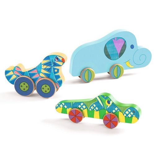 3 חיות על גלגלים ממשחק פאזל עץ באריולו של Djeco - לוח התאמה עם חיות על גלגלים