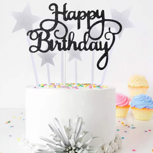 10 טופרים מנייר מנצנץ Happy Birthday צבע שחור
