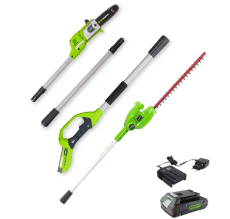 קיט קומבי גובה 24v POWERALL חזק במיוחד ! – מגזמת גובה+מסור גבהים+סוללה 2Ah+מטען - GREENWORKS