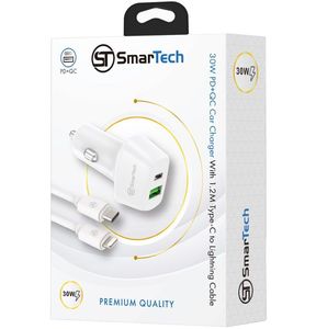 מטען רכב PD+USB 30W עם כבל טייפ-סי ל-Lightning - דגם STCC30W מבית SmarTech - טעינה מהירה ובטוחה בדרכים