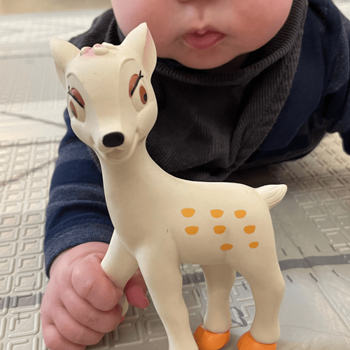 תינוק בן 4 חודשים אוחז ומשחק עם נשכן במבי מגומי טבעי, מעודד תחושת פה ומרגיע חניכיים רכות.