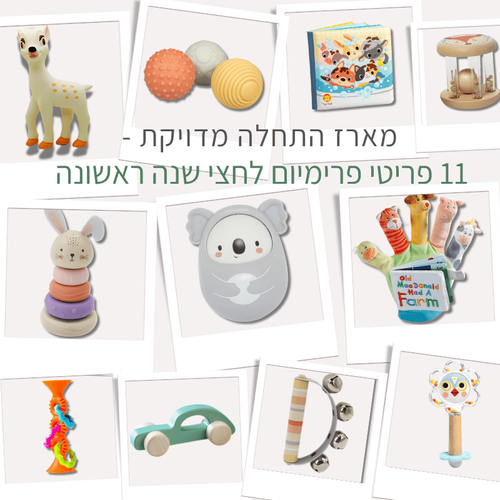 פירוט 11 פריטי פרימיום במארז התחלה מדויקת (Djeco ו-Little Dutch כדורי חושים, נשכן במבי, רעשנים).